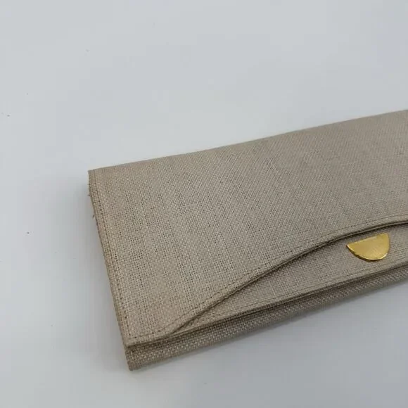 Vintage Beige Long Linen Fabric Envelope Clutch Bag Gold Tone - Picture 4 of 11